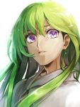  androgynous bloom enkidu_(fate/strange_fake) fate/strange_fake fate_(series) green_hair highres long_hair parted_lips ruchi simple_background solo upper_body violet_eyes white_background 