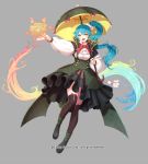  1girl ahoge blue_hair boots bow bowtie company_name full_body grey_background gyakushuu_no_fantasica long_hair magic millgua official_art open_mouth parasol ponytail simple_background teruterubouzu thigh-highs umbrella water yellow_eyes 