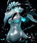  1girl air_bubble aqua_eyes black_cape cape clenched_hand dark from_below glowing glowing_eyes hips kantai_collection long_hair looking_at_viewer navel shinkaisei-kan solo staff teeth underwater white_hair wo-class_aircraft_carrier yamashita_tomu 