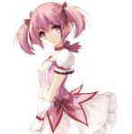  10s 1girl absurdres bow breasts brown_bow collarbone cowboy_shot eyebrows_visible_through_hair from_side gloves hair_bow hands_together highres kaname_madoka long_hair looking_at_viewer magical_girl mahou_shoujo_madoka_magica misteor pink_eyes pink_hair short_sleeves simple_background skirt solo white_background white_gloves white_skirt 