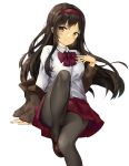  1girl absurdres black_hair black_legwear blazer bow bowtie brown_eyes gh_(chen_ghh) hairband highres jacket long_hair original pantyhose school_uniform simple_background skirt smile solo white_background 