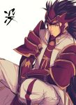  1boy armor brown_eyes brown_hair fire_emblem fire_emblem_if gloves highres horns long_hair male_focus mask ryouma_(fire_emblem_if) simple_background sitting solo sou_mei white_background 