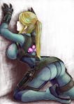  1girl against_wall aqua_eyes arched_back arms_up ass blonde_hair bodysuit breast_press breasts from_side gloves glowing high_heels highres holster kneeling large_breasts looking_at_viewer looking_back metroid motoji_(hamayarawa) ponytail samus_aran shoulder_holster side_glance skin_tight solo thigh_holster zero_suit 