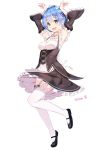  1girl black_dress black_shoes blue_eyes blue_hair blush detached_sleeves dress frilled_sleeves frills hair_ornament hair_over_one_eye hair_ribbon looking_at_viewer maid maid_headdress mary_janes open_mouth pink_ribbon rak_(kuraga) re:zero_kara_hajimeru_isekai_seikatsu red_ribbon rem_(re:zero) ribbon ribbon-trimmed_clothes ribbon_trim shoes short_hair standing standing_on_one_leg thigh-highs underbust white_legwear wide_sleeves x_hair_ornament 