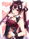  /\/\/\ absurdres animal_ears arm_ribbon bare_shoulders black_dress black_hair blue_eyes blush breasts cat_ears cat_hair_ornament cat_tail chocolate chocolate_bar dress earrings finger_licking food hair_between_eyes hair_ornament heart heart_earrings heterochromia highres holding holding_food horns jewelry licking long_hair looking_at_viewer medium_breasts multiple_tails original phantasy_star phantasy_star_online_2 purple_ribbon red_eyes ribbon tail tongue tongue_out twintails two_tails upper_body very_long_hair wristband yutazou 