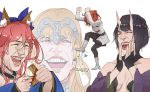  4girls ahoge animal_ears belt black_legwear blonde_hair blue_eyes boots bow breasts closed_eyes fate/apocrypha fate/extra fate/grand_order fate_(series) fox_ears fujimaru_ritsuka_(female) hair_bow hair_ornament hair_scrunchie headpiece highres horns japanese_clothes jeanne_d&#039;arc_(fate) jeanne_d&#039;arc_(fate)_(all) kuroduki_(pieat) long_hair long_sleeves meme motion_line multiple_girls oni oni_horns open_mouth orange_hair pantyhose parody pink_hair purple_hair saint_quartz scrunchie short_hair shuten_douji_(fate/grand_order) side_ponytail simple_background stomping tamamo_(fate)_(all) tamamo_no_mae_(fate) tearing_paper ticket tom_cruise uniform white_background wide_sleeves 
