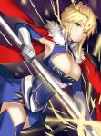  absurdres armor armored_dress artoria_pendragon_lancer_(fate/grand_order) blonde_hair blush c3yooooo cape covered_navel cowboy_shot crown dress energy fate/grand_order fate_(series) fur_trim gloves gradient gradient_background green_eyes highres holding holding_weapon jewelry lance looking_at_viewer mature navel pauldrons polearm saber short_hair short_hair_with_long_locks smile weapon 