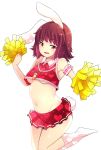  1girl alternate_costume animal_ears armband bare_shoulders belly blush breasts brown_hair bunny_tail cheerleader commentary_request crop_top fang heart heart_print inaba_tewi ippongui looking_at_viewer microskirt midriff navel no_shoes open_mouth pom_poms rabbit_ears red_eyes short_hair simple_background skirt sleeveless small_breasts smile solo tail touhou under_boob white_background white_legwear 