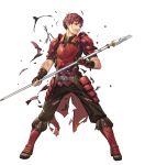  1boy armor arrow boots cuboon fingerless_gloves fire_emblem fire_emblem_echoes:_mou_hitori_no_eiyuuou fire_emblem_heroes full_body gloves highres injury lukas_(fire_emblem) male_focus official_art polearm red_eyes redhead simple_background solo spear teeth torn_clothes weapon white_background 