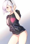  1girl adjusting_hair aki663 black_shirt blue_eyes blush hair_over_face headband heart highres mole mole_under_mouth nier_(series) nier_automata no_blindfold no_pants panties shirt short_hair sketch solo t-shirt thighs underwear white_background white_hair yorha_no._2_type_b 