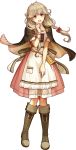  1girl apron artist_request bangs boots braid brown_eyes brown_hair capelet dress faye_(fire_emblem) fire_emblem fire_emblem_echoes:_mou_hitori_no_eiyuuou fire_emblem_heroes full_body highres knee_boots long_hair looking_at_viewer official_art open_mouth short_sleeves solo standing transparent_background twin_braids 