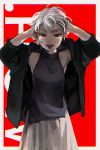  .flow 1girl arms_behind_head copyright_name hands_on_own_head highres hno3syo red_background red_eyes sabitsuki short_hair shousan_(hno3syo) skirt sleeveless sleeveless_turtleneck solo tongue tongue_out turtleneck white_hair 