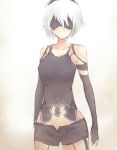  black_leotard blindfold breasts cowboy_shot elbow_gloves expressionless gloves leotard nier_(series) nier_automata parts_exposed robot_joints short_hair short_shorts shorts silver_hair sleeveless standing tank_top yorha_no._2_type_b 