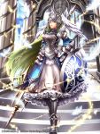  1girl armor armored_boots beko-atwks boots company_name copyright_name earrings feathers full_body green_hair gyakushuu_no_fantasica helmet jewelry long_hair official_art polearm shield sky solo sparkle spear very_long_hair violet_eyes weapon winged_helmet 