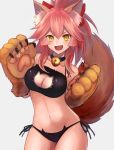  1girl animal_ears bad_id bad_pixiv_id bell bell_choker bell_collar black_bra black_panties blush bra breasts cat_cutout cat_ear_panties cat_lingerie choker cleavage cleavage_cutout collar collarbone fang fate/extra fate/grand_order fate_(series) fox_ears fox_tail hair_ribbon highres jingle_bell large_breasts long_hair looking_at_viewer meme_attire navel open_mouth panties paws pink_hair ribbon side-tie_panties simple_background solo tail tamamo_(fate)_(all) tamamo_cat_(fate) underwear underwear_only white_background yellow_eyes yukihama 