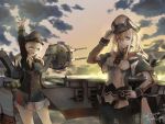  2girls adjusting_clothes adjusting_hat aircraft airplane anchor anchor_hair_ornament aqua_eyes black_gloves black_legwear black_ribbon black_skirt blonde_hair cannon capelet character_name clouds flight_deck gloves graf_zeppelin_(kantai_collection) hair_between_eyes hair_ornament hat highres iron_cross jacket kantai_collection long_hair low_twintails machinery microskirt military military_hat military_uniform miniskirt multiple_girls necktie ocean pantyhose peaked_cap prinz_eugen_(kantai_collection) ribbon sidelocks skirt suika_(azelf49386) suika_(pixiv) sun sunset turret twintails uniform water white_gloves 