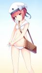  1girl bag bikini clothes_writing cowboy_shot gradient gradient_background hat head_tilt highres kagami_(galgamesion) kantai_collection looking_at_viewer lowleg lowleg_bikini red_eyes redhead sailor_bikini sailor_collar sailor_hat short_hair side-tie_bikini solo swimsuit tying white_bikini white_hat white_sailor_collar z3_max_schultz_(kantai_collection) 