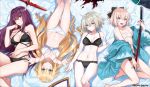 4girls :d armpits bare_legs barefoot black_bra black_panties blonde_hair blue_eyes bow boyshorts bra breasts cleavage criss-cross_halter fate/grand_order fate_(series) from_above frown gluteal_fold grey_eyes grey_hair hair_between_eyes hair_bow hair_over_breasts halterneck haori highres japanese_clothes jeanne_alter katana koha-ace large_breasts long_hair looking_at_viewer lying medium_breasts multi-strapped_panties multiple_girls navel on_back open_mouth outstretched_arms outstretched_hand panties parted_lips petals pink_hair polearm purple_hair ruler_(fate/apocrypha) sakura_saber sarashi scathach_(fate/grand_order) shinsengumi shirako_miso short_hair short_ponytail small_breasts smile spear sword underwear underwear_only upside-down very_long_hair violet_eyes weapon white_bra white_panties yellow_eyes 
