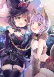  2girls :d animal_ears bdsm blue_eyes blush breasts brown_eyes brown_hair chains character_name chocho_(homelessfox) collar dog_collar dog_ears dog_tail dress elbow_gloves fur fur_trim gloves hair_flaps hat idolmaster idolmaster_cinderella_girls idolmaster_cinderella_girls_starlight_stage koshimizu_sachiko lace lace-trimmed_thighhighs leash looking_at_viewer multiple_girls name_tag nervous_smile open_mouth pet_play purple_hair sakuma_mayu short_hair smile tail thigh-highs witch_hat 