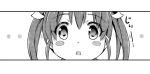  1girl blush_stickers comic commentary_request eyebrows_visible_through_hair greyscale hair_ribbon head_only kantai_collection long_hair looking_at_viewer monochrome open_mouth ribbon sakimiya_(inschool) solo staring translation_request twintails younger zuikaku_(kantai_collection) 