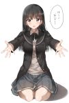  1girl :d absurdres amagami ayatsuji_tsukasa bangs beckoning black_eyes black_hair blazer blunt_bangs blush breasts buttons eyebrows_visible_through_hair highres jacket long_hair long_sleeves looking_at_viewer medium_breasts open_mouth outstretched_arms pentagon_(railgun_ky1206) pleated_skirt school_uniform seiza simple_background sitting skirt smile solo speech_bubble translated white_background 