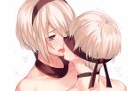  1boy 1girl aki663 black_hairband blindfold blue_eyes blush couple hairband looking_at_another nier_(series) nier_automata no_blindfold saliva short_hair sweat white_hair yorha_no._2_type_b yorha_no._9_type_s 