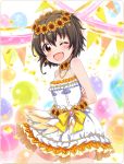  arms_behind_back battle_girl_high_school black_hair blush dress fang flower head_wreath jewelry looking_at_viewer minami_hinata necklace official_art one_eye_closed open_mouth ribbon short_hair sunflower yellow_eyes 