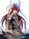  1girl armor cape commentary_request female_my_unit_(fire_emblem_if) fire_emblem fire_emblem_if flower gloves hair_between_eyes hair_ornament long_hair my_unit_(fire_emblem_if) petals pointy_ears red_eyes redhead revision rose solo sword tenyo0819 weapon white_rose 