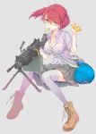  1girl blue_eyes boots eating firearm fuyuno_haruaki glasses grey_background gun highres holding holding_weapon looking_at_viewer m249 machine_gun original pink_hair simple_background skirt solo solo_focus thigh-highs weapon 