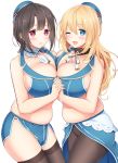  2girls adapted_costume atago_(kantai_collection) bare_arms bare_shoulders black_hair black_legwear blonde_hair blue_eyes blush breast_press breasts cleavage crop_top embarrassed from_side hand_holding highres huge_breasts kantai_collection long_hair looking_at_viewer midriff multiple_girls nanairo_fuuka navel one_eye_closed open_mouth pantyhose plump red_eyes short_hair sideboob symmetrical_docking takao_(kantai_collection) thighs 