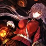  1girl bandage_over_one_eye belt black_skirt breasts closed_mouth cowboy_shot dyolf fate/grand_order fate_(series) floating_hair florence_nightingale_(fate/grand_order) gloves jacket_on_shoulders lantern large_breasts long_hair long_sleeves military military_uniform pale_skin pantyhose red_eyes red_shirt shirt silver_hair skirt solo uniform very_long_hair white_gloves white_legwear 