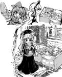 2girls :d :o blush bow c: chinese_clothes cirno crescent dress fairy_wings fifiruu food freezer greyscale hair_bow hair_ribbon hat hecatia_lapislazuli ice ice_wings junko_(touhou) long_hair long_sleeves monochrome multiple_girls open_mouth polos_crown popsicle ribbon short_hair short_sleeves smile touhou wavy_hair wide_sleeves wings 