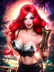  1girl artist_name ayya_saparniyazova blue_eyes breasts cleavage collarbone eyebrows eyelashes grin hair_twirling highres large_breasts league_of_legends lipstick makeup midriff miss_fortune nail_polish navel red_lipstick redhead sarah_fortune smile solo strap_slip watermark web_address 