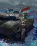  2girls brown_hair camouflage dripping girls_und_panzer ground_vehicle hattori_masahiko long_hair military military_uniform military_vehicle motor_vehicle multiple_girls nishizumi_shiho rain shimada_chiyo skirt standing tank umbrella uniform vehicle 