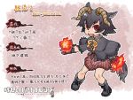  1girl animal_ears black_hair bloodborne boots character_name fangs fire gloves horns kemono_friends looking_at_viewer miniskirt monster_girl parody personification red_eyes shawl short_hair skirt solo tail translation_request wolf_ears wolf_girl yagi_mutsuki 
