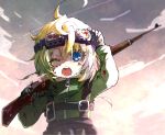  1girl ahoge assault_rifle bayonet black_gloves blonde_hair blood blood_on_face bloody_clothes blue_eyes commentary_request gloves goggles gun hair_between_eyes holding holding_gun holding_weapon karaage_(torikkk) light long_sleeves looking_at_viewer military military_uniform mondragon_rifle one_eye_closed open_mouth over_shoulder rifle short_hair sky solo tanya_degurechaff uniform weapon weapon_over_shoulder youjo_senki younger zipper 