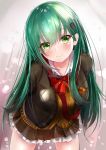  1girl blouse brown_jacket brown_skirt brown_sweater buttons cardigan green_eyes green_hair hair_ornament hairclip highres kantai_collection long_hair long_sleeves neck_ribbon pleated_skirt red_ribbon remodel_(kantai_collection) ria_(riarea00) ribbon school_uniform skirt smile solo suzuya_(kantai_collection) white_blouse 