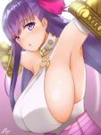  1girl armpits bare_shoulders belt_collar bow breasts elbow_gloves fate/extra fate/extra_ccc fate/grand_order fate_(series) gloves hair_bow highres huge_breasts large_breasts looking_at_viewer o-ring parted_lips passion_lip pink_bow purple_hair ramchi sideboob signature solo violet_eyes white_gloves 