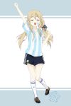  1girl 2010 2010_fifa_world_cup ^_^ alternate_hairstyle argentina arm_up black_shorts blonde_hair blush cleats clenched_hands closed_eyes emblem facepaint food full_body hair_between_eyes highres k-on! kneehighs kotobuki_tsumugi long_hair low_twintails md5_mismatch outstretched_arm raised_fist revision rokujou_jun shirt shorts soccer_uniform solo sportswear striped striped_legwear striped_shirt takuan thick_eyebrows twintails vertical-striped_shirt vertical_stripes white_legwear world_cup 
