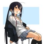  1girl black_hair blazer blush brown_eyes collarbone heavy_breathing hot iefukurou jacket k-on! kneehighs long_hair nakano_azusa open_clothes open_mouth open_shirt revision school_uniform see-through shirt sitting skirt socks solo sweat sweat_stain sweating teeth twintails water wet wet_clothes 