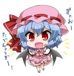  &gt;:d 1girl :d bangs bat_wings bobby_socks bow buttons chibi collared_shirt commentary_request eyebrows_visible_through_hair fang frilled_cuffs frilled_shirt_collar frilled_skirt frills full_body hat hat_bow light_blue_hair looking_at_viewer mob_cap noai_nioshi open_mouth paw_pose pink_hat pink_shirt pink_skirt puffy_short_sleeves puffy_sleeves red_bow red_eyes red_ribbon red_shoes remilia_scarlet ribbon ribbon-trimmed_headwear ribbon_trim sash shirt shoes short_hair short_sleeves simple_background skirt skirt_set smile socks solo standing standing_on_one_leg touhou white_background white_legwear wing_collar wings wrist_cuffs 