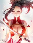  1girl bare_shoulders black_hair blush boku_no_hero_academia breasts center_opening cleavage katana large_breasts long_hair looking_at_viewer male_focus pink_lady_mage ponytail red_eyes solo sword torn_clothes weapon yaoyorozu_momo 