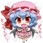  &gt;:d 1girl :d bangs bat_wings bobby_socks bow buttons check_translation chibi collared_shirt commentary_request eyebrows_visible_through_hair fang frilled_cuffs frilled_shirt_collar frilled_skirt frills full_body hat hat_bow light_blue_hair looking_at_viewer mob_cap noai_nioshi open_mouth paw_pose pink_hat pink_shirt pink_skirt puffy_short_sleeves puffy_sleeves red_bow red_eyes red_ribbon red_shoes remilia_scarlet ribbon ribbon-trimmed_headwear ribbon_trim sash shirt shoes short_hair short_sleeves simple_background skirt skirt_set smile socks solo standing standing_on_one_leg star touhou translated white_background white_legwear wing_collar wings wrist_cuffs 