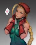  1girl alberto_moldes aqua_eyes beret blonde_hair braid breasts cammy_white covered_navel elbow_gloves gloves gradient gradient_background hat head_tilt heart impossible_clothes impossible_leotard large_breasts leotard parted_lips red_gloves scar_on_cheek single_braid solo spoken_heart street_fighter street_fighter_ii_(series) toned towel upper_body 