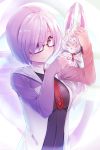  1girl black-framed_eyewear black_dress breasts creature dress fate/grand_order fate_(series) fou_(fate/grand_order) glasses hair_over_one_eye highres jacket necktie p_answer purple_hair red_necktie saint_quartz shielder_(fate/grand_order) short_hair smile violet_eyes 