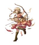  1girl apron arrow back blonde_hair boots bow bow_(weapon) bracelet braid brown_eyes capelet faye_(fire_emblem) fire_emblem fire_emblem_echoes:_mou_hitori_no_eiyuuou fire_emblem_heroes full_body highres injury jewelry konfuzikokon long_hair official_art one_eye_closed quiver simple_background solo torn_clothes twin_braids weapon white_background 