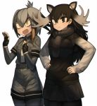  2girls animal_ears antlers belt bird bird_tail bird_wings black_gloves black_hair bodystocking collared_shirt feathered_wings fingerless_gloves gloves grey_hair grey_necktie grey_shirt grey_shorts harau head_wings kemono_friends long_hair low_ponytail moose_(kemono_friends) moose_ears multicolored_hair multiple_girls necktie open_mouth orange_hair pantyhose pocket shirt shoebill shoebill_(kemono_friends) short_sleeves shorts side_ponytail silver_hair skirt white_necktie wings 