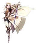  1girl armor armored_boots black_gloves black_pants blonde_hair blue_eyes boots feathers floating_hair full_body gloves hair_feathers highres holding holding_sword holding_weapon long_hair looking_at_viewer original pants pomon_illust simple_background solo standing sword weapon white_background white_feathers 