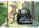  3girls black_legwear boots brown_eyes brown_hair car casual city cross-laced_footwear dated dress fiat_500 glasses ground_vehicle hair_ribbon hat headdress highres italy jacket kantai_collection libeccio_(kantai_collection) littorio_(kantai_collection) long_hair motor_vehicle multiple_girls open_mouth pantyhose pince-nez ribbon roma_(kantai_collection) shirt shoes short_hair skirt suika_(azelf49386) suika_(pixiv) title twintails umbrella wavy_hair 