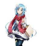  1girl asuna_(sao) asuna_(sao-alo) blue_eyes blue_hair blue_legwear coat floating_hair flower hair_flower hair_ornament holding long_hair looking_at_viewer pantyhose pointy_ears red_scarf scarf smile solo standing sword_art_online transparent_background very_long_hair white_flower 